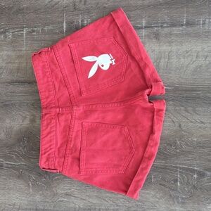 PLAYBOY X PACSUN Cuffed Salmon Red Denim Shorts Size 24 Vibrant Celeb Style